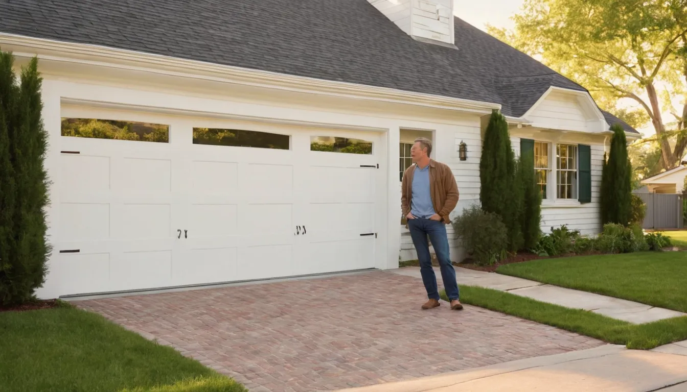 A homeowner looking at a closed garage door on a brick house in Rockwall